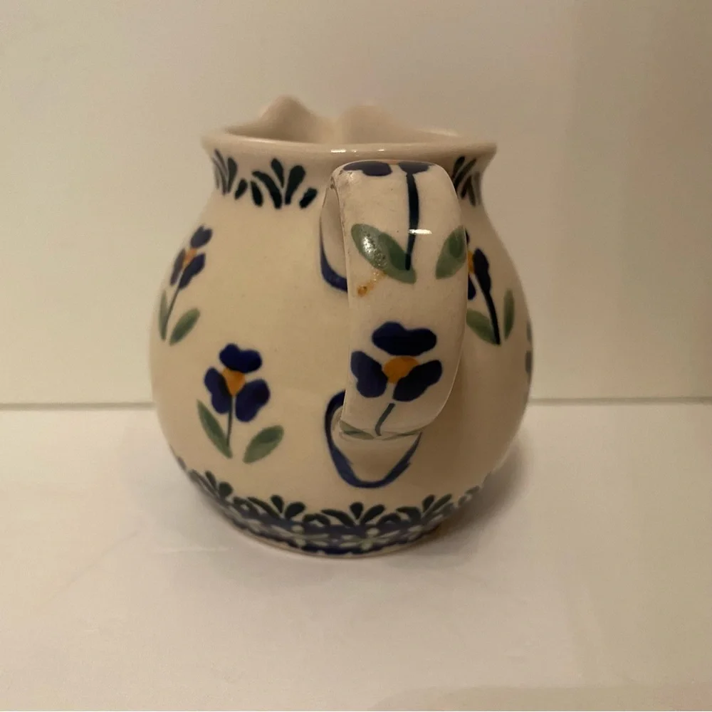 POLISH POTTERY CREAMER MINI PITCHER BLUE WHITE GREEN HANDMADE HOME BOLESLAWIEC